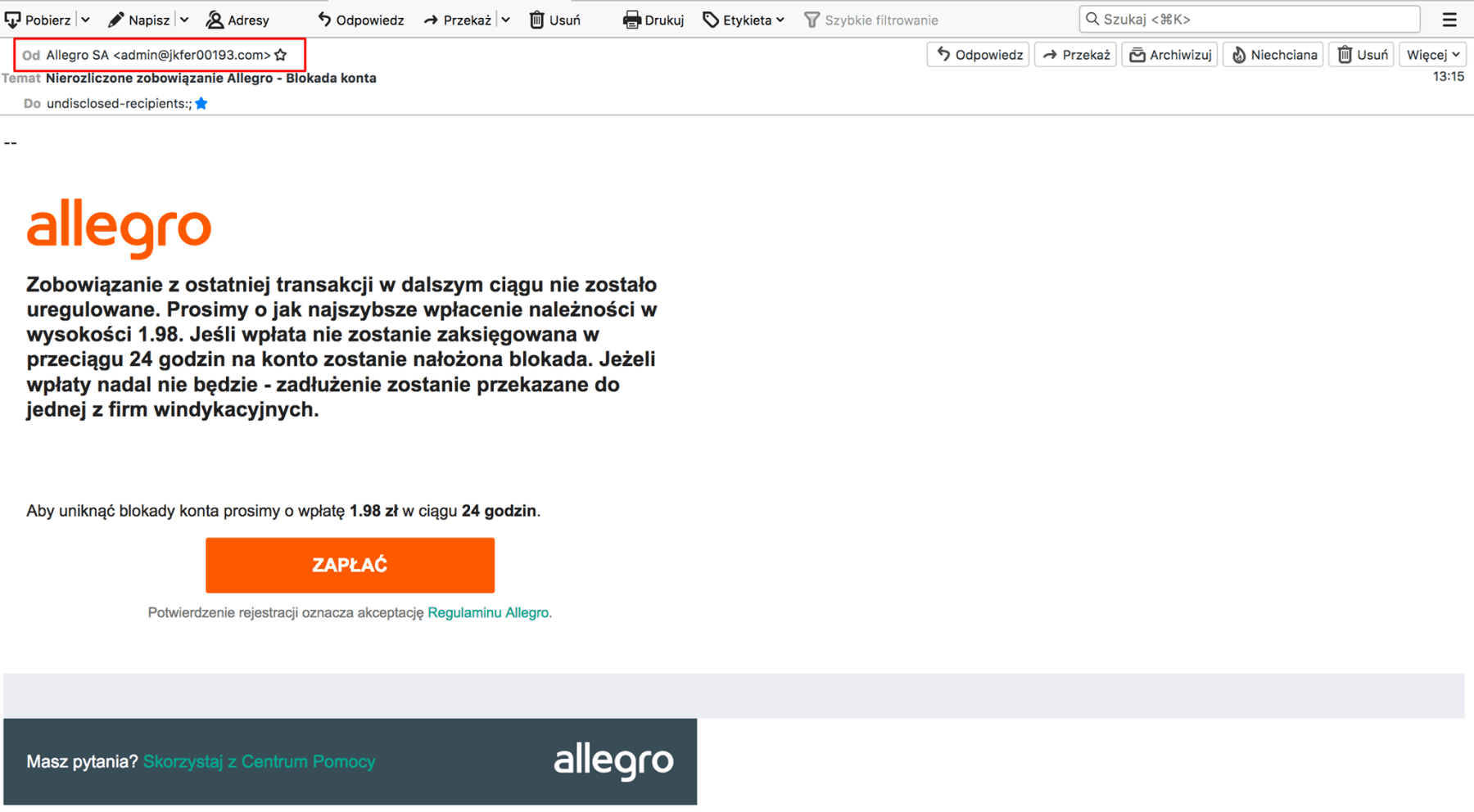 Nierozliczone Zobowiazanie Allegro Mail Od Oszustow Portal Asta24 Pl Pila Informacje I Wydarzenia