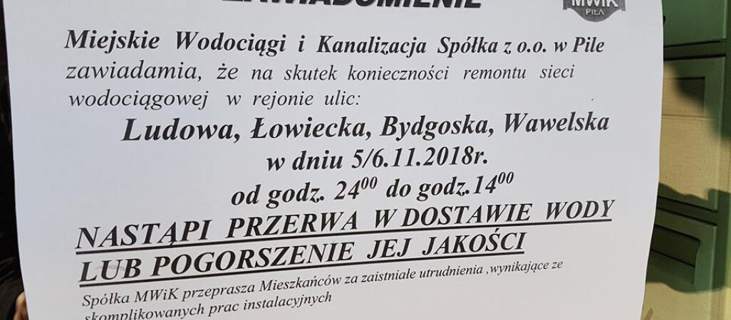 MWiK późno powiadomił o przerwie w dostawie wody