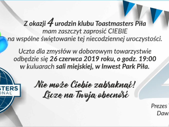 Pilski klub Toastmasters obchodzi 4 urodziny  - grafika