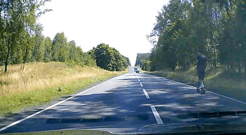 Hulajnoga, chłopak i pies. Szybka jazda po krajówce między tirami - grafika