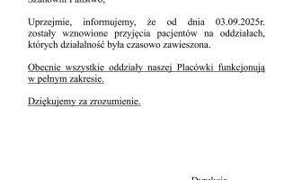 Szpital wznowił przyjęcia na zawieszonych oddziałach