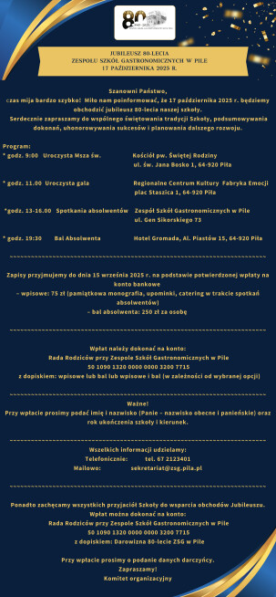 Jubileusz 80-lecia Zespołu Szkół Gastronomicznych w Pile - grafika